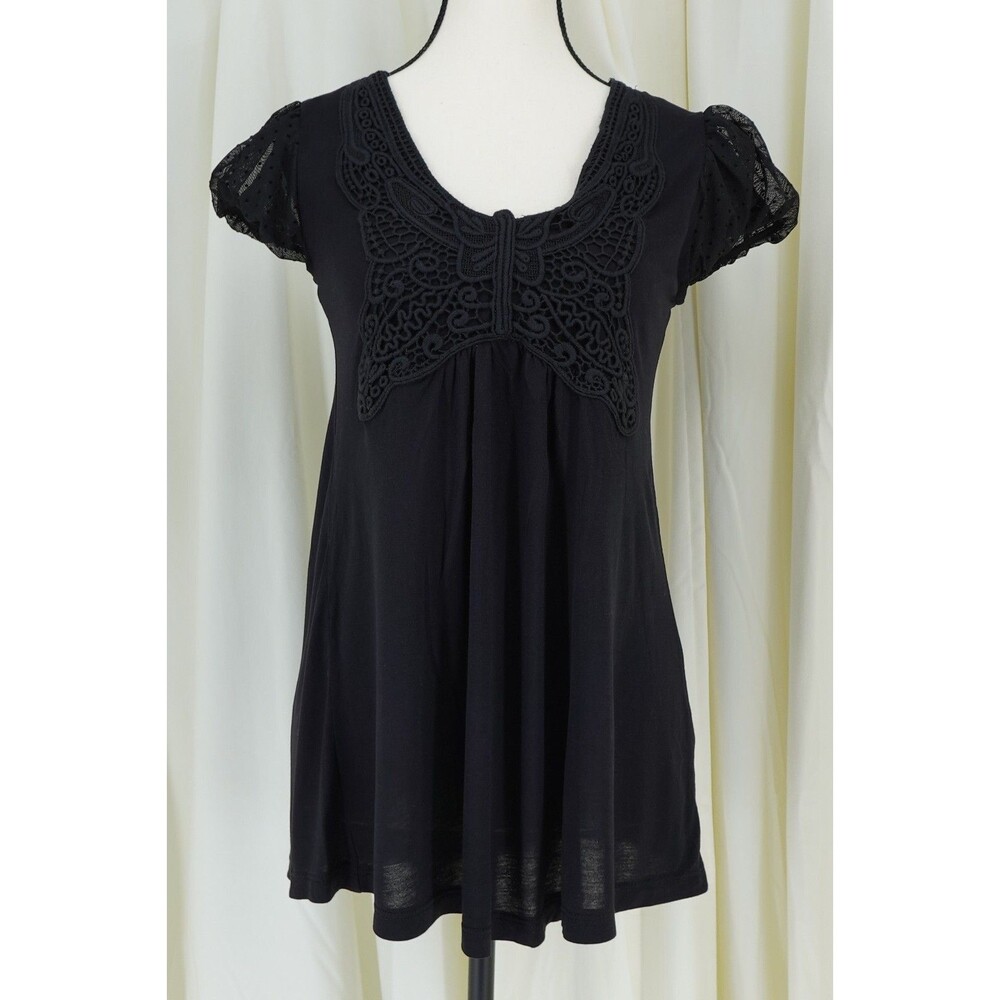 Kische Women's NWT Short Sleeve Embroidered Butterfly Sheer Puff Blouse Size S